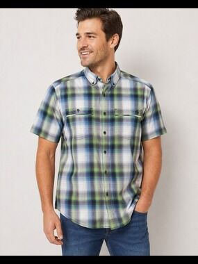 Wolverine Plaid Short Sleeve Button Down Shirt Men’s Large Navy Green Blue